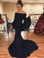 Mermaid Off-the-Shoulder Flare Sleeves Navy Blue Prom Dresses, TYP1440