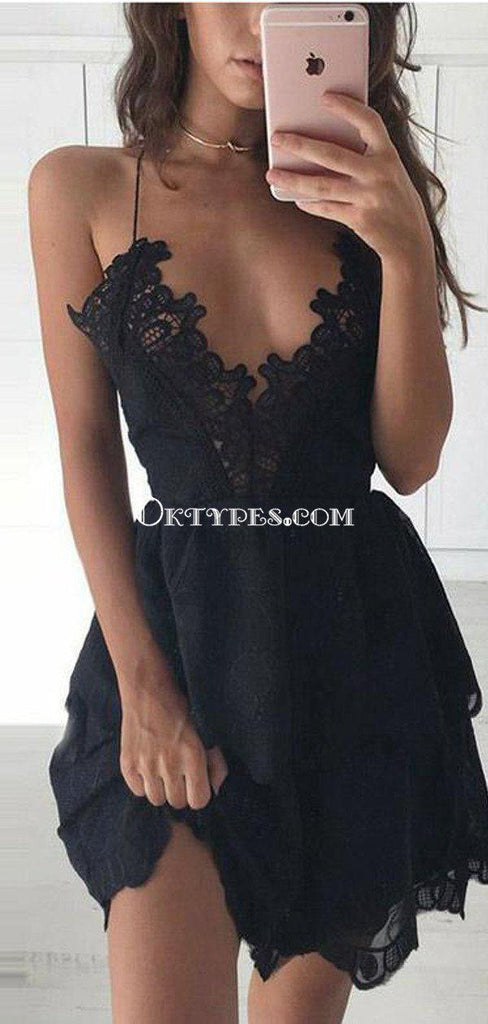 Sexy Deep V-neck Black Chiffon A-line Cheap Short Homecoming Dresses, HDS0023