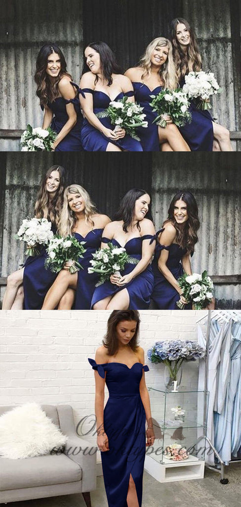 Sheath Off-the-Shoulder Short Dark Blue Bridesmaid Dresses, TYP1552