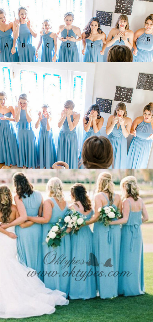 Mismatched A-Line Long Cheap Chiffon Blue Bridesmaid Dresses, TYP1536