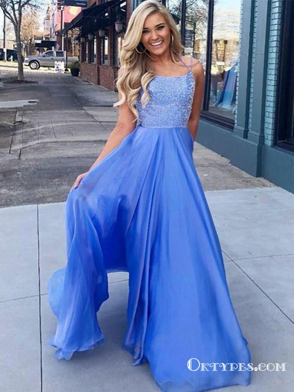 A-Line Spaghetti Straps Sleeveless Blue Floor Length Prom Dresses, TYP1870