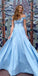 New Off-shoulder A-line Light Blue Satin Long Cheap Evening Dresses, Prom Dresses, PDS0053