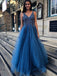 Charming A-Line V-neck Backless Floor-Length Blue Prom Dresses with Beading, TYP1434