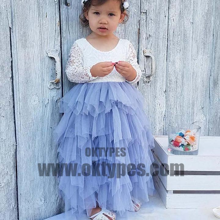 Scoop Long Sleeve Lace Top V-back Tulle Flower Girl Dresses, Popular Little Girl Dresses, TYP0530