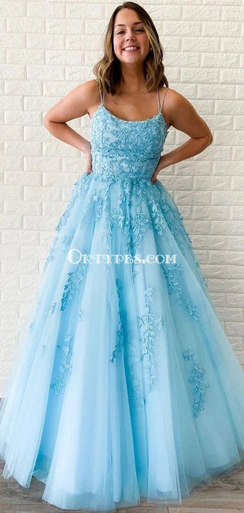 Sexy Blue Backless Spaghetti Straps Lace Evening Prom Dresses, Evening Party Prom Dresses, PDS0086