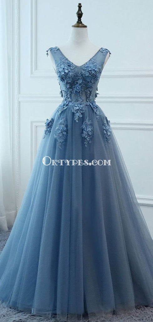 V Neck Dusty Blue Lace Beaded Long Evening Prom Dresses, Cheap Custom Party Prom Dresses, PDS0090