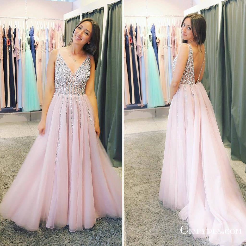 Shining Pink Tulle V-neck  A-line Prom Dresses With Rhinestones, TYP1645