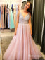 Shining Pink Tulle V-neck  A-line Prom Dresses With Rhinestones, TYP1645