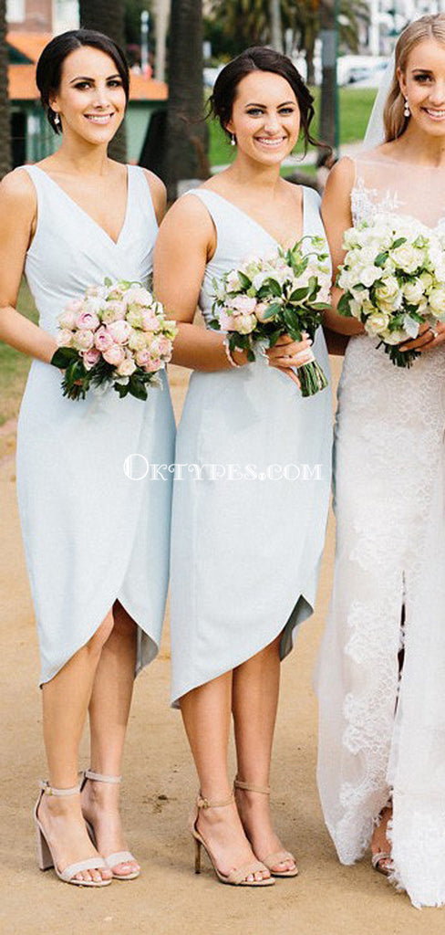 Sexy V-Neck Sleeveless Asymmetry Light Blue Satin Short Cheap Bridesmaid Dresses Online, TYP0145