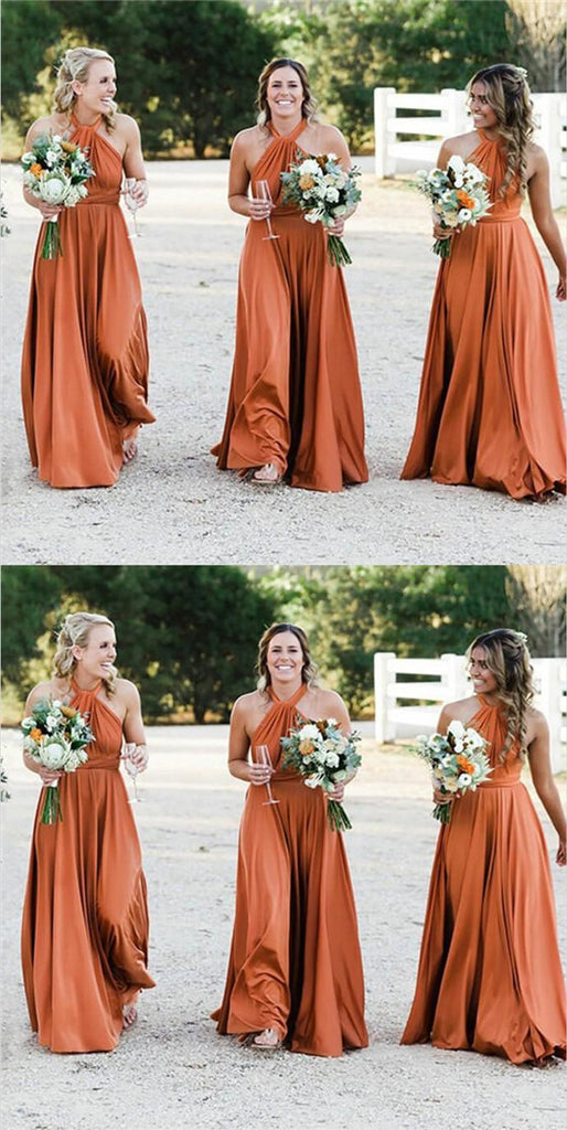 A-Line Halter Backless Long Cheap Orange Convertible Bridesmaid Dresses Online, TYP1173