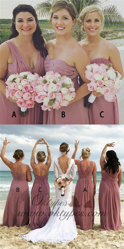 Mismatched V-Neck Long Dusty Pink Chiffon Bridesmaid Dresses with Pleats, TYP1535