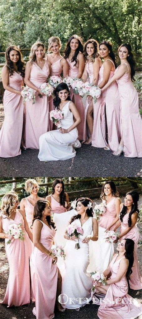 Simple V-Neck Pink Long Cheap Bridesmaid Dresses with Slit, TYP1751