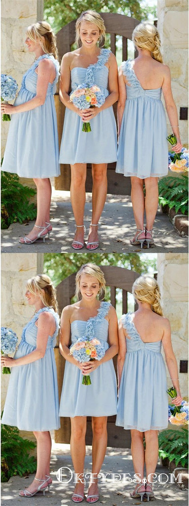 A-Line One Shoulder Light Blue Chiffon Bridesmaid Dresses with Ruffles, TYP1780