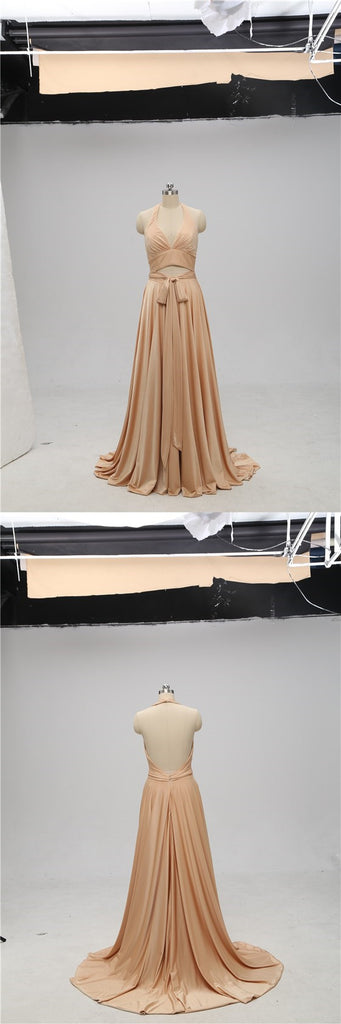 Sexy Gold Halter V-neck Backless Long Cheap Bridesmaid Dresses Online, TYP1074