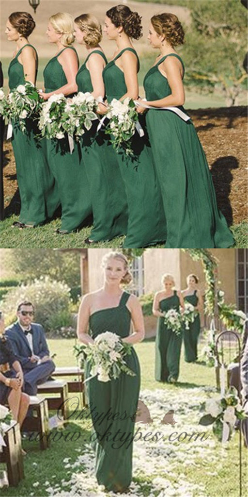 Green Casual One Shoulder Long Cheap Chiffon Bridesmaid Dresses, TYP1480