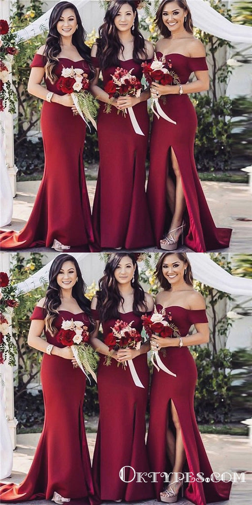 Mermaid Off-The-Shoulder Floor Length Burgundy Bridesmaid Dresses With Split, TYP1937