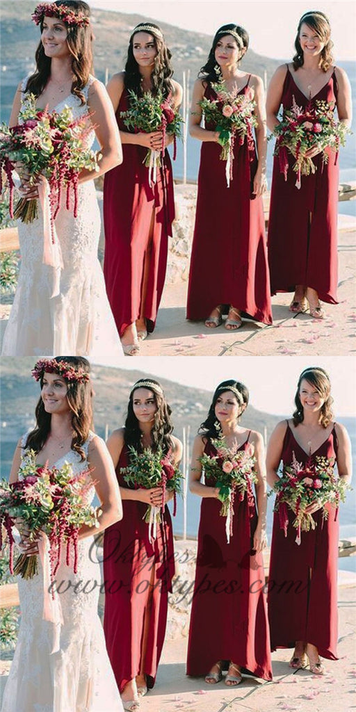 A-Line Spaghetti Straps Long Cheap Burgundy Bridesmaid Dresses with Split, TYP1365