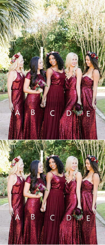 Mismatched Dark Red Sequin Custom Long Bridesmaid Dresses, TYP0813