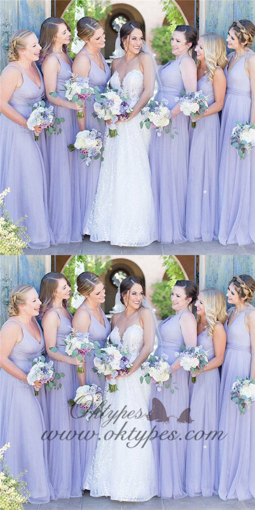 Charming A-Line V-Neck Long Lavender Tulle Bridesmaid Dresses, TYP1479