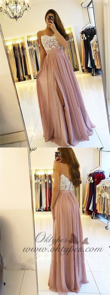 Spaghetti Strap Dusty Rose Prom Dresses with Slit Cheap Lace Bodice Bridesmaid Dresses, TYP1233