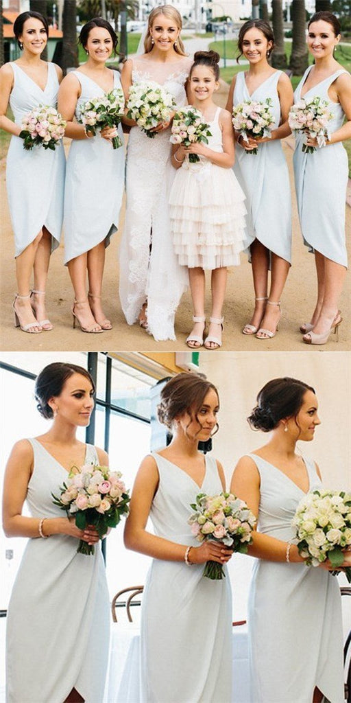 Sexy V-Neck Sleeveless Asymmetry Light Blue Satin Short Cheap Bridesmaid Dresses Online, TYP0145