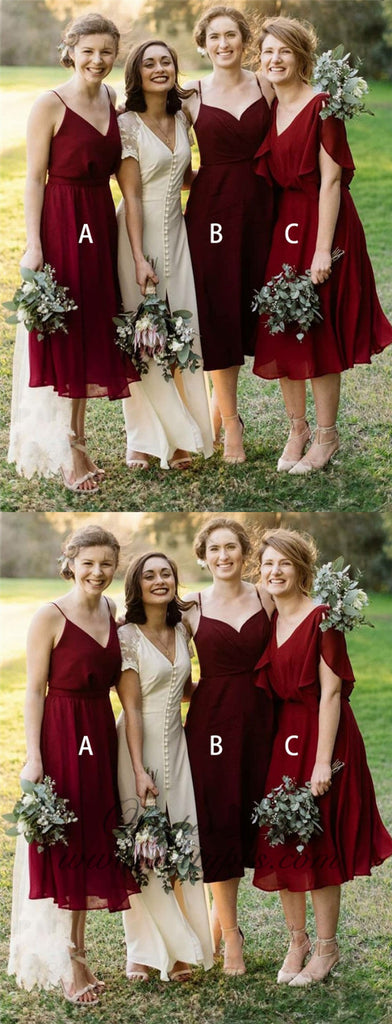 Mismatched A-Line V-Neck Pleated Dark Red Chiffon Bridesmaid Dresses, TYP1316