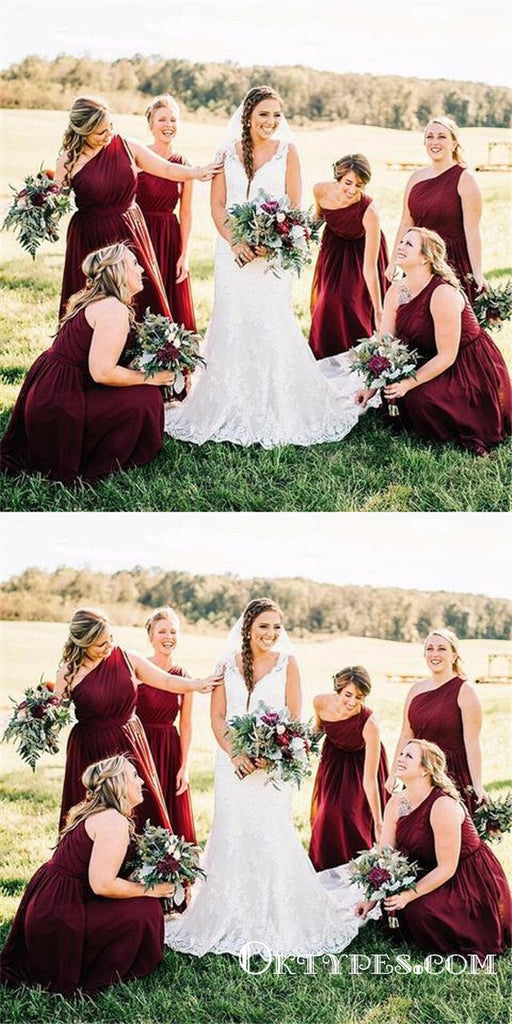 Wine Red Chiffon Long Bridesmaid Dress with One Shoulder, TYP1757