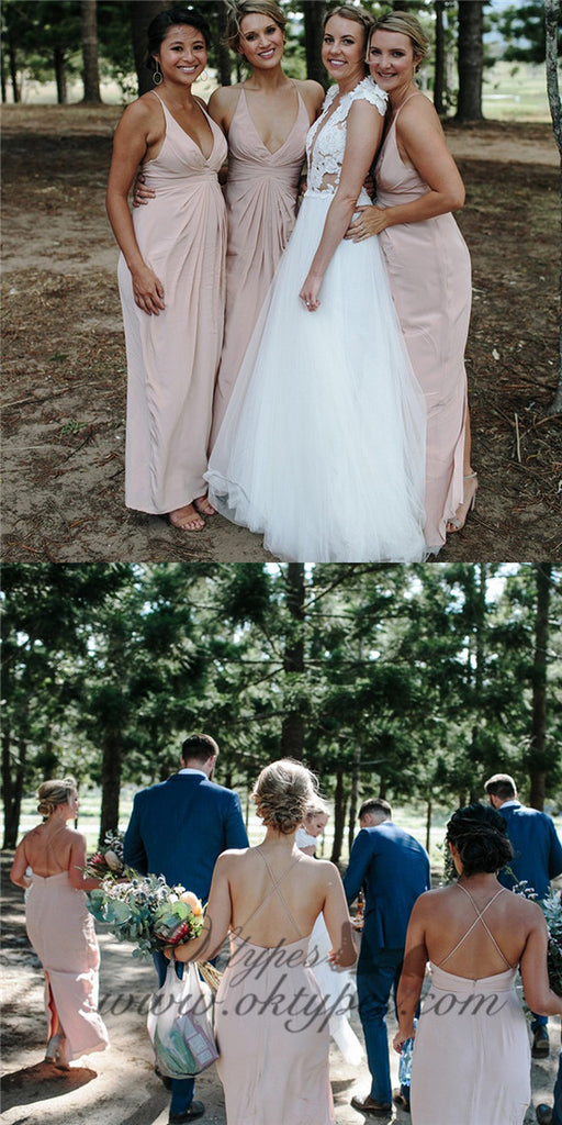 A-Line Spaghetti Straps Blush Pink Long Bridesmaid Dresses with Split, TYP1553