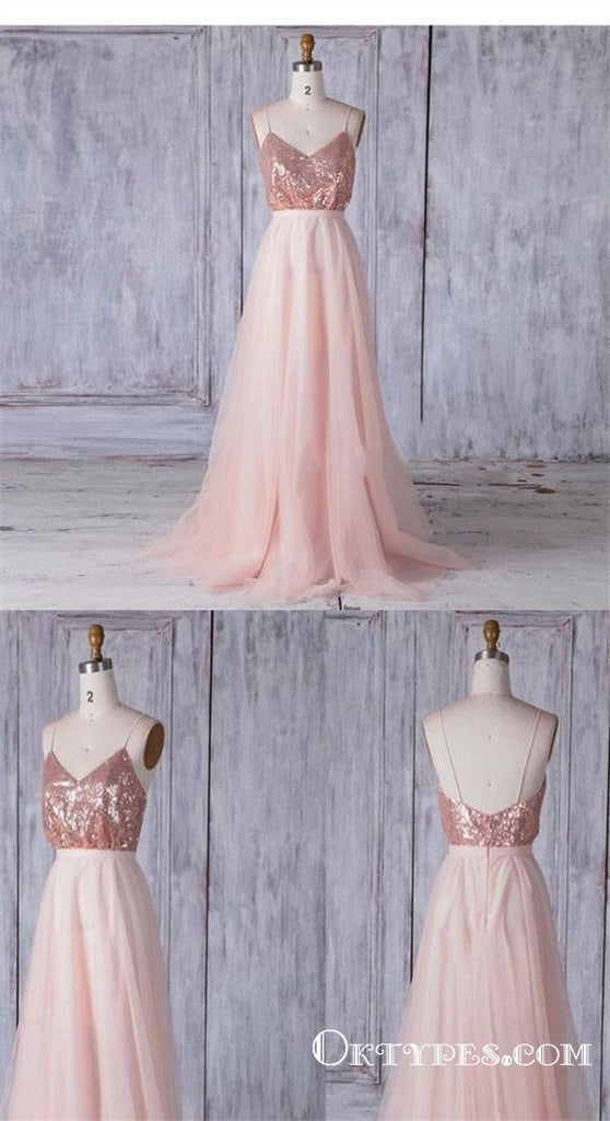 Pink Spaghetti Straps V Neck Sleeveless Bridesmaid Dresses With Sequin, TYP1809