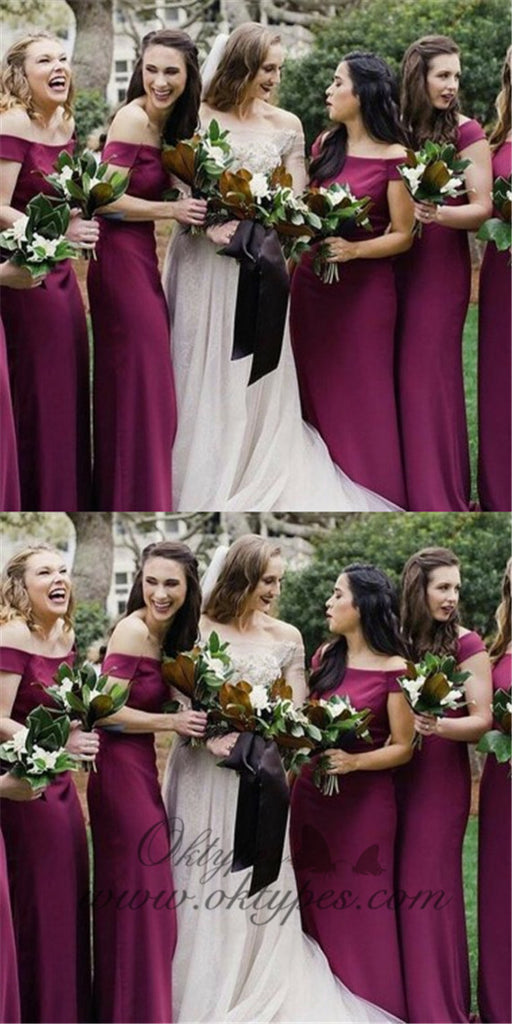 Sheath Off-the-Shoulder Short Sleeves Long Fuchsia Bridesmaid Dresses, TYP1370