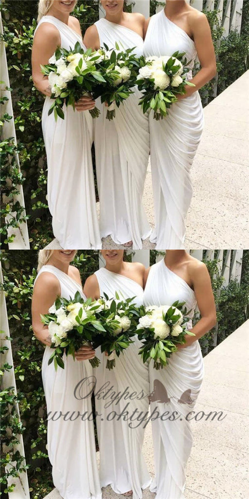 Tight One Shoulder Long Cheap White Ruched Chiffon Bridesmaid Dresses Online, TYP1174