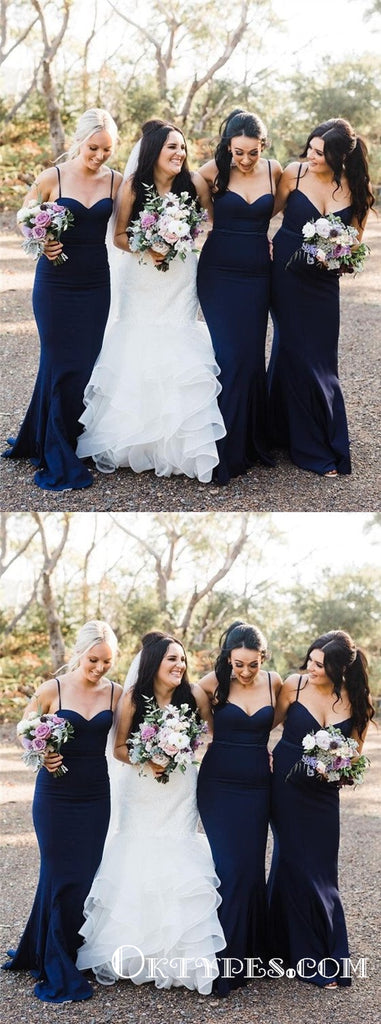 Charming Mermaid Sweetheart Spaghetti Straps Navy Blue Long Bridesmaid Dresses, TYP1753