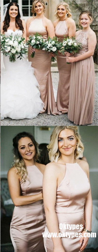 Blush Pink Stain Halter Strap Backless Cheap Long Bridesmaid Dresses Online, TYP0995