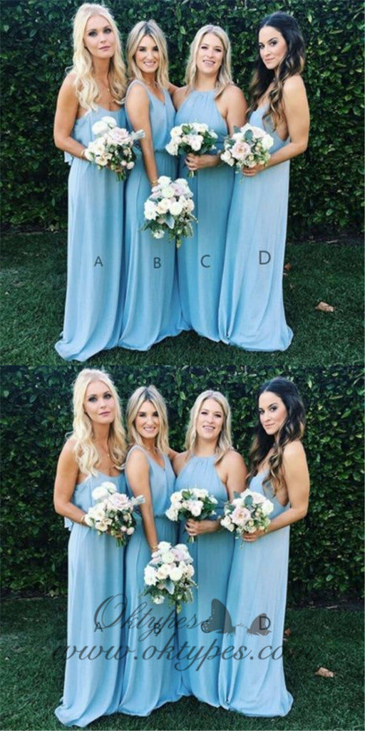 Mismatched A-Line Spaghetti Straps Long Blue Chiffon Bridesmaid Dresses, TYP1472