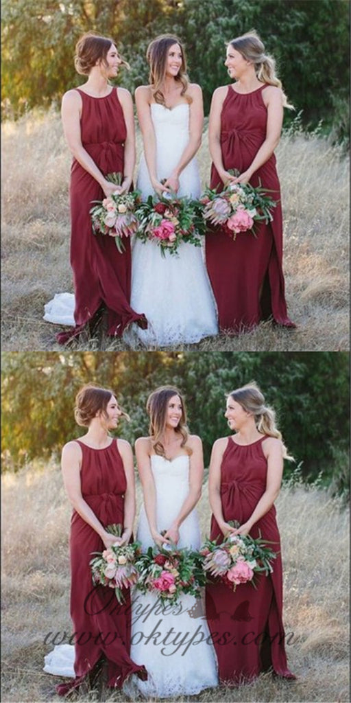 Charming A-Line Round Neck Burgundy Chiffon Bridesmaid Dresses, TYP1478