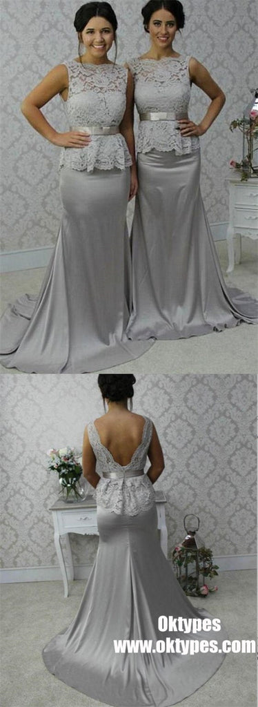 Elegant Scalloped-Edge Sweep Train Sheath Silver Bridesmaid Dress Lace Top with Bow Sash, TYP0934