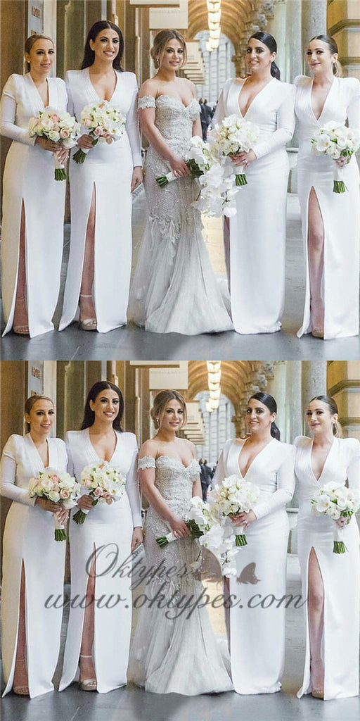 Mermaid Deep V-Neck Long Sleeves White Bridesmaid Dresses with Split, TYP1471