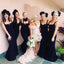 Charming Black Spaghetti Strap Sleeveless Mermaid Long Cheap Wedding Party Bridesmaid Dresses, BDS0002