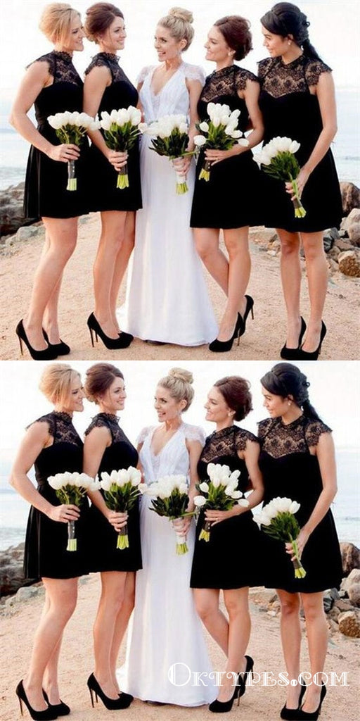 Simple Black Sleeveless A Line Short Bridesmaid Dresses With Lace, TYP1805