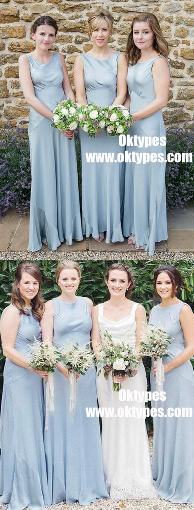 A-Line Round Neck Sleeveless Light Blue Satin Bridesmaid Dress, TYP0955