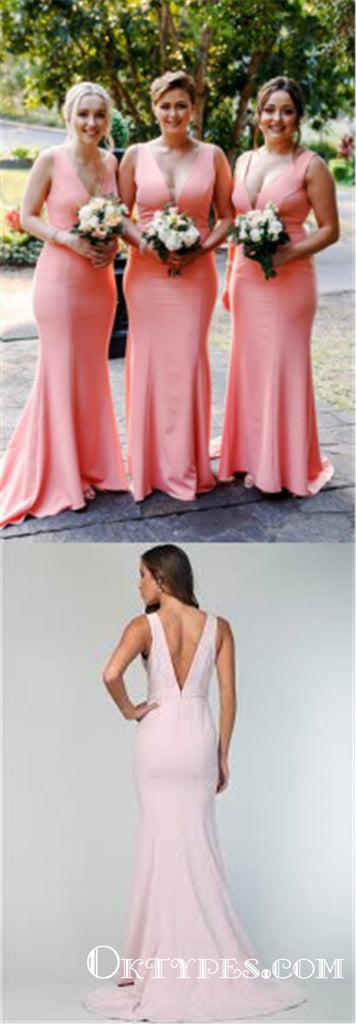 Simple V-neck Peach Mermaid Long Cheap Bridesmaid Dresses, TYP1852