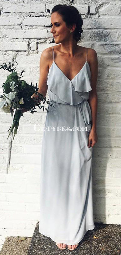 Sexy Spaghetti Strap Long Grey Chiffon Bridesmaid Dress with Sash, TYP1551