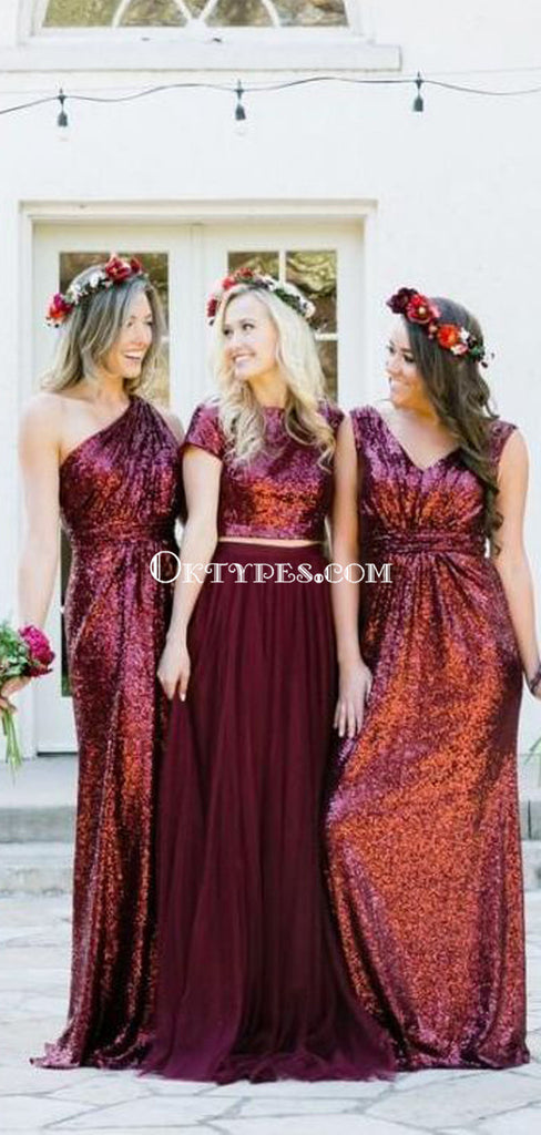 Dark Red Sequin Mismatched Custom Long Bridesmaid Dresses, TYP0792