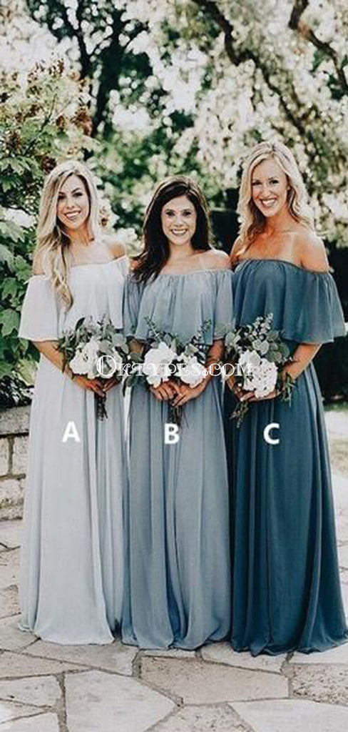 Cheap Off Shoulder Chiffon Custom Long Bridesmaid Dresses, TYP0771