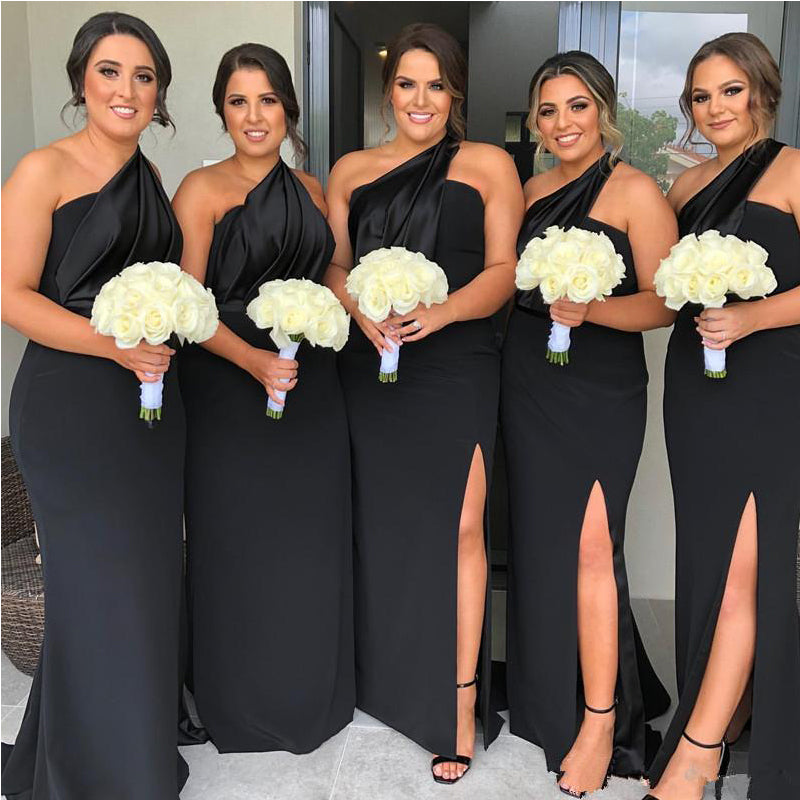 One Shoulder Black Mermaid Side Slit Long Cheap Bridesmaid Dresses, BDS0090