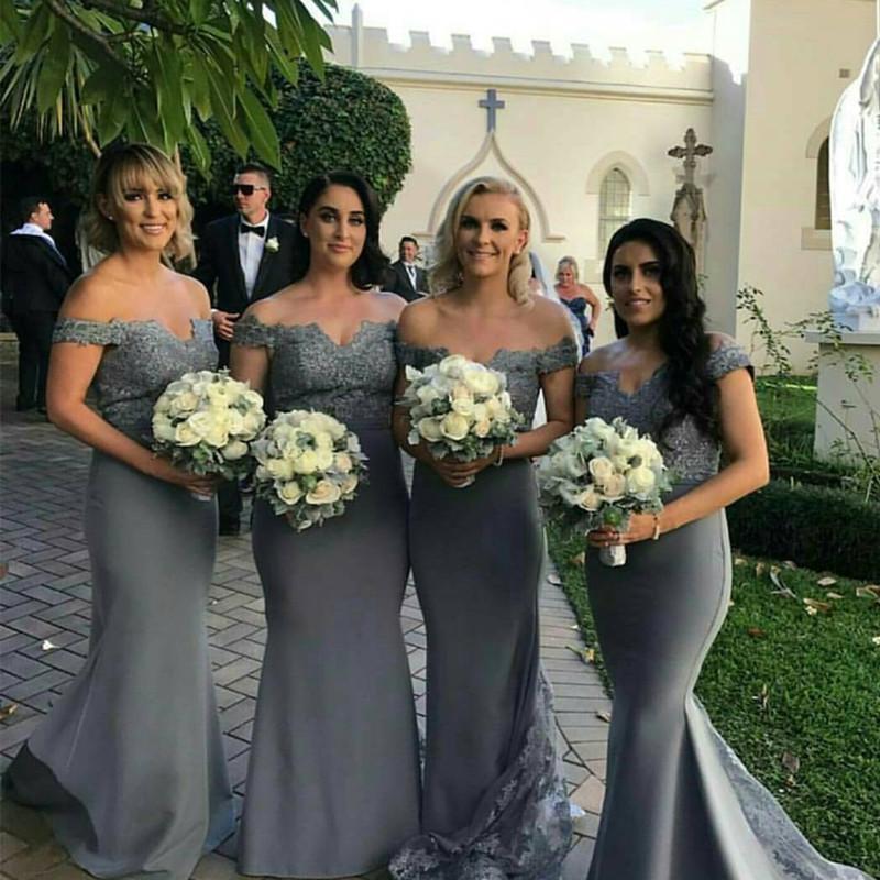 Grey Off-The-Shoulder  Mermaid Long Cheap Bridesmaid Dresses, BDS0071