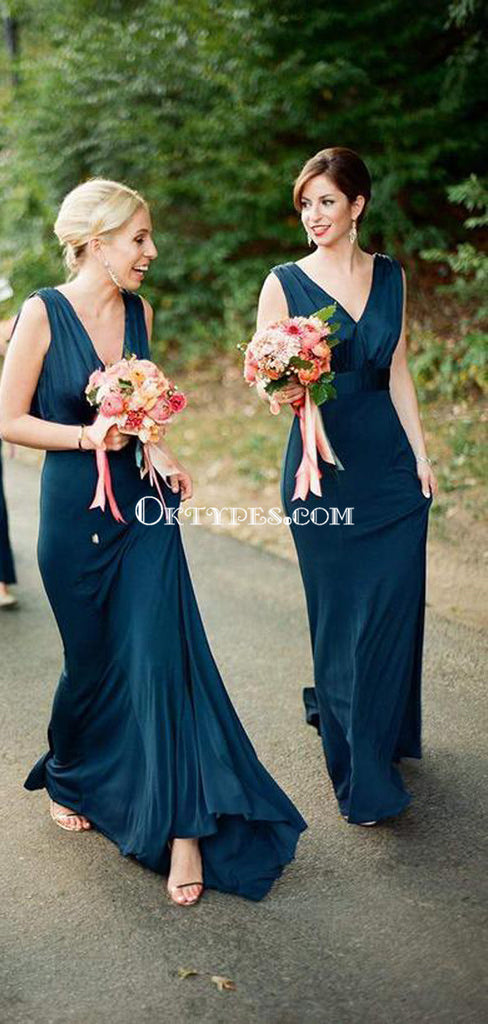 Simple Plus Size V Neck Cheap Teal Sheath Long Bridesmaid Dresses, TYP1236