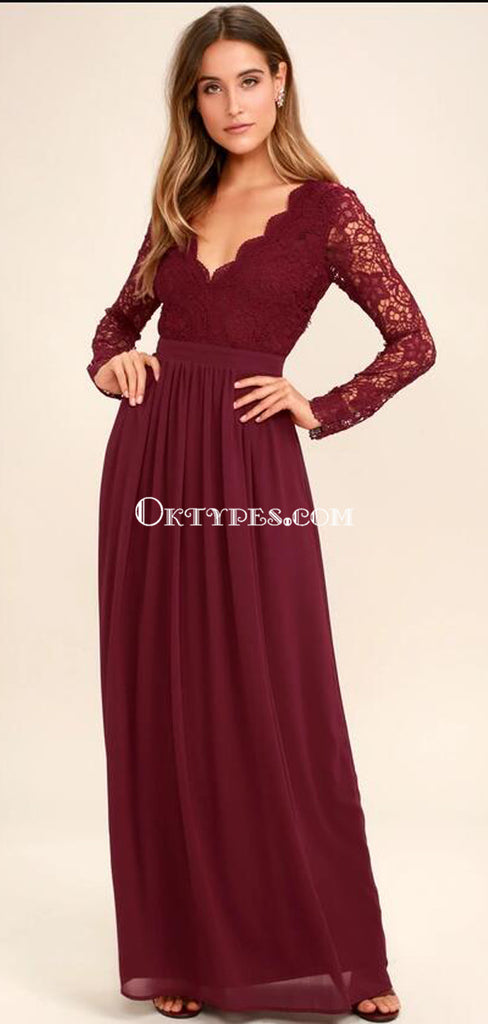 A-line Burgundy Chiffon Long Sleeves Lace Bridesmaid Dresses, TYP1231