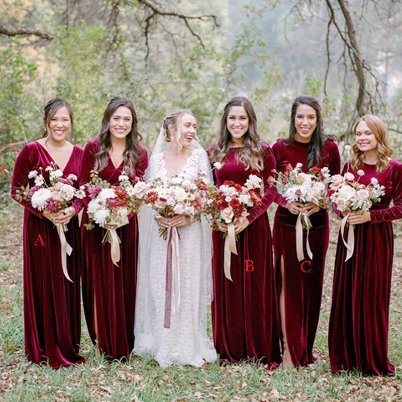 Mismatched Elegant Charming Burgundy Velvet Long Cheap Bridesmaid Dresses, BDS0019