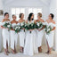 Simple Off-The-Shoulder White Satin Side Slit Tea-Length Cheap Bridesmaid Dresses, BDS0011